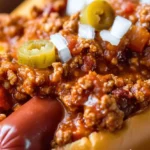 Delicious Crockpot Hot Dog Chili served in a bowl with toppings