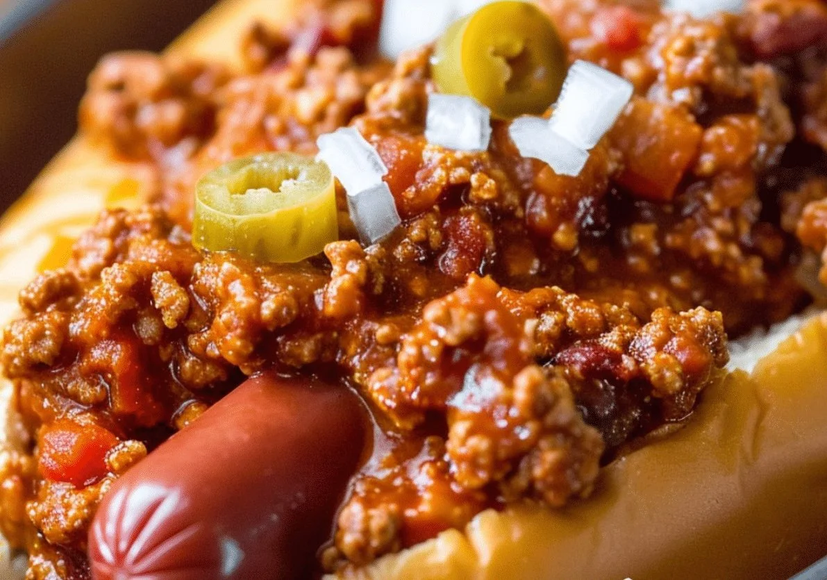 Delicious Crockpot Hot Dog Chili served in a bowl with toppings