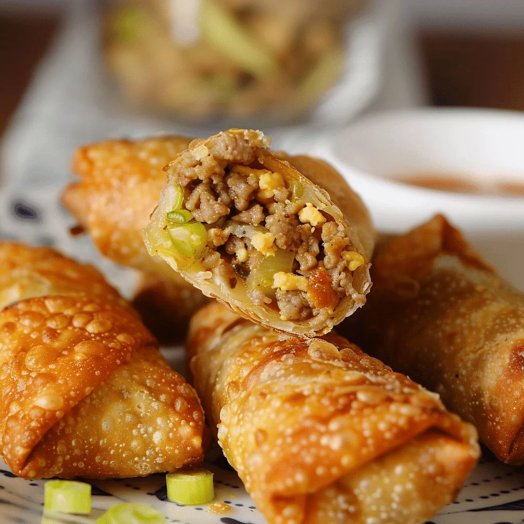 Plate of golden crispy egg rolls served with dipping sauce