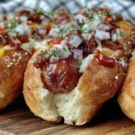 Flavorful Firecracker Hot Dogs with toppings on a grill