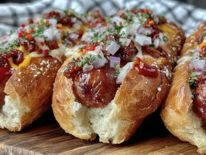 Flavorful Firecracker Hot Dogs with toppings on a grill