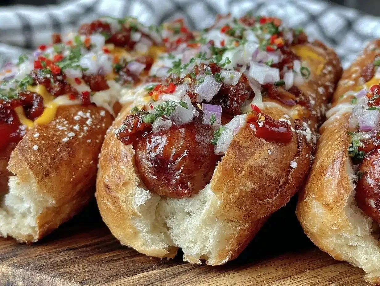 Flavorful Firecracker Hot Dogs with toppings on a grill
