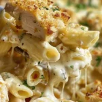 Baked Garlic Parmesan Chicken with pasta, cheese, and herbs in a casserole dish