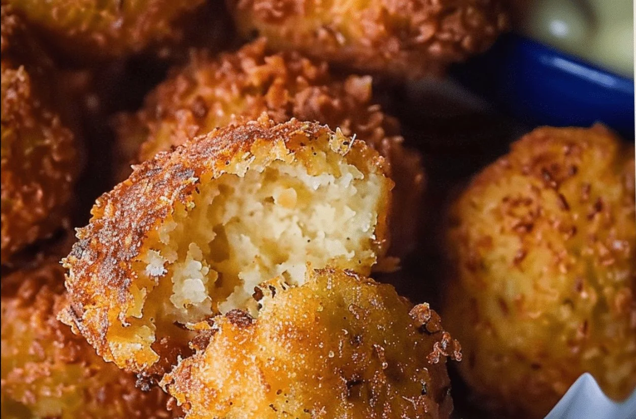 Homemade hush puppies frying in a skillet, golden and crispy