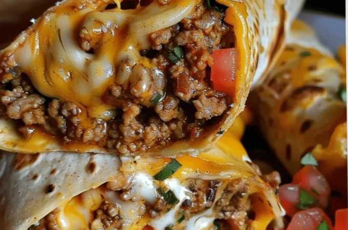 Plate of nacho cheese beef wraps with toppings and spices