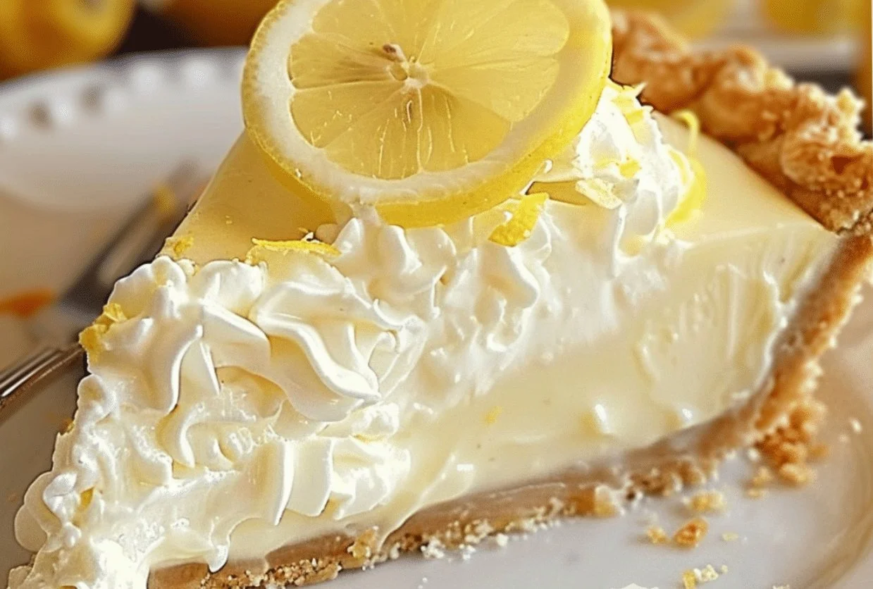 No-Bake Cream Cheese Lemonade Pie topped with lemon slices