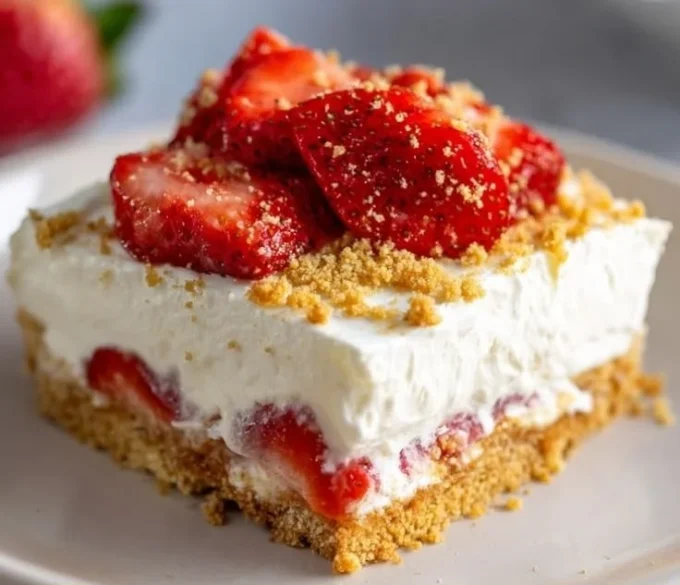 Delicious no-bake strawberry dessert topped with fresh strawberries and whipped cream.