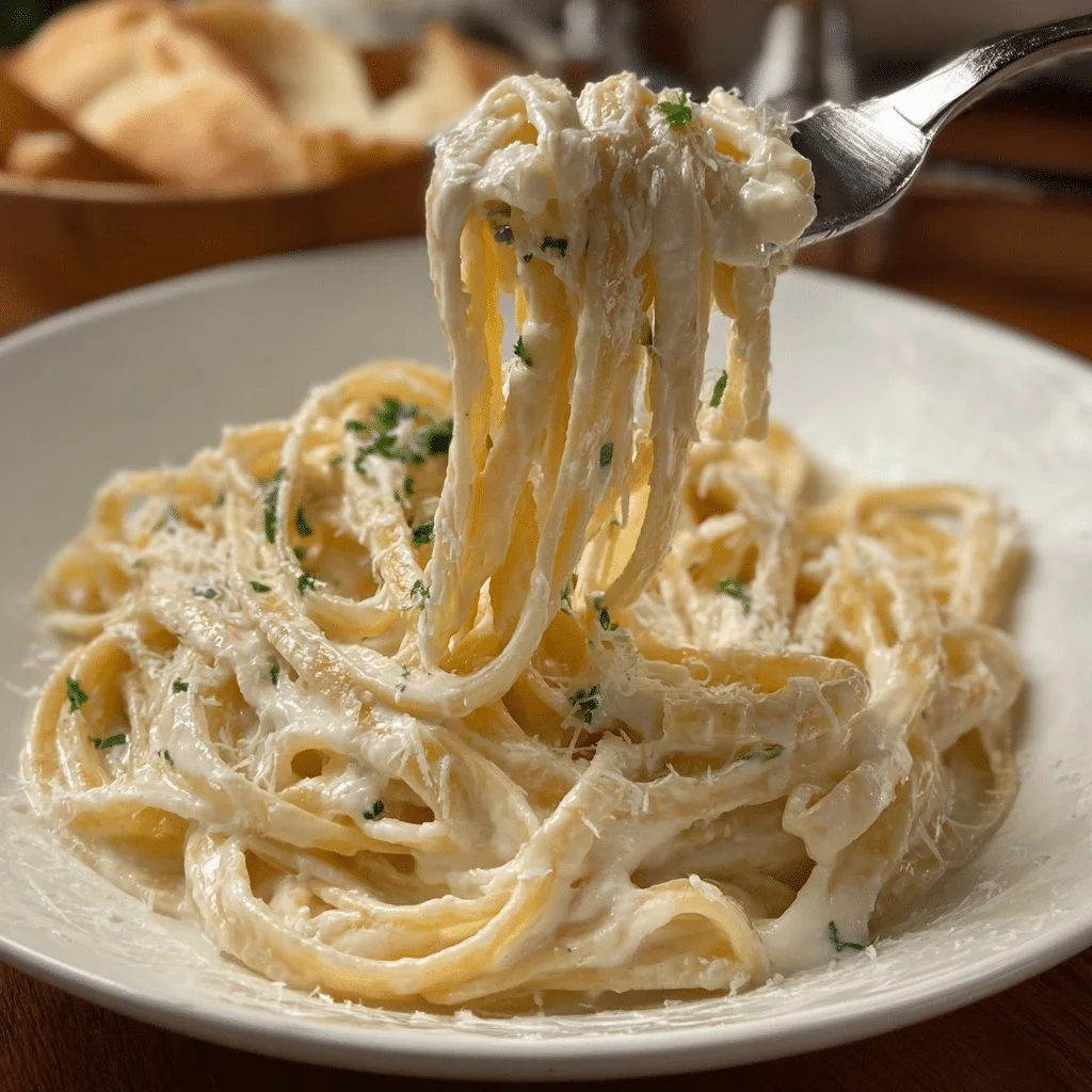 Creamy Olive Garden Alfredo sauce drizzled over fettuccine pasta.