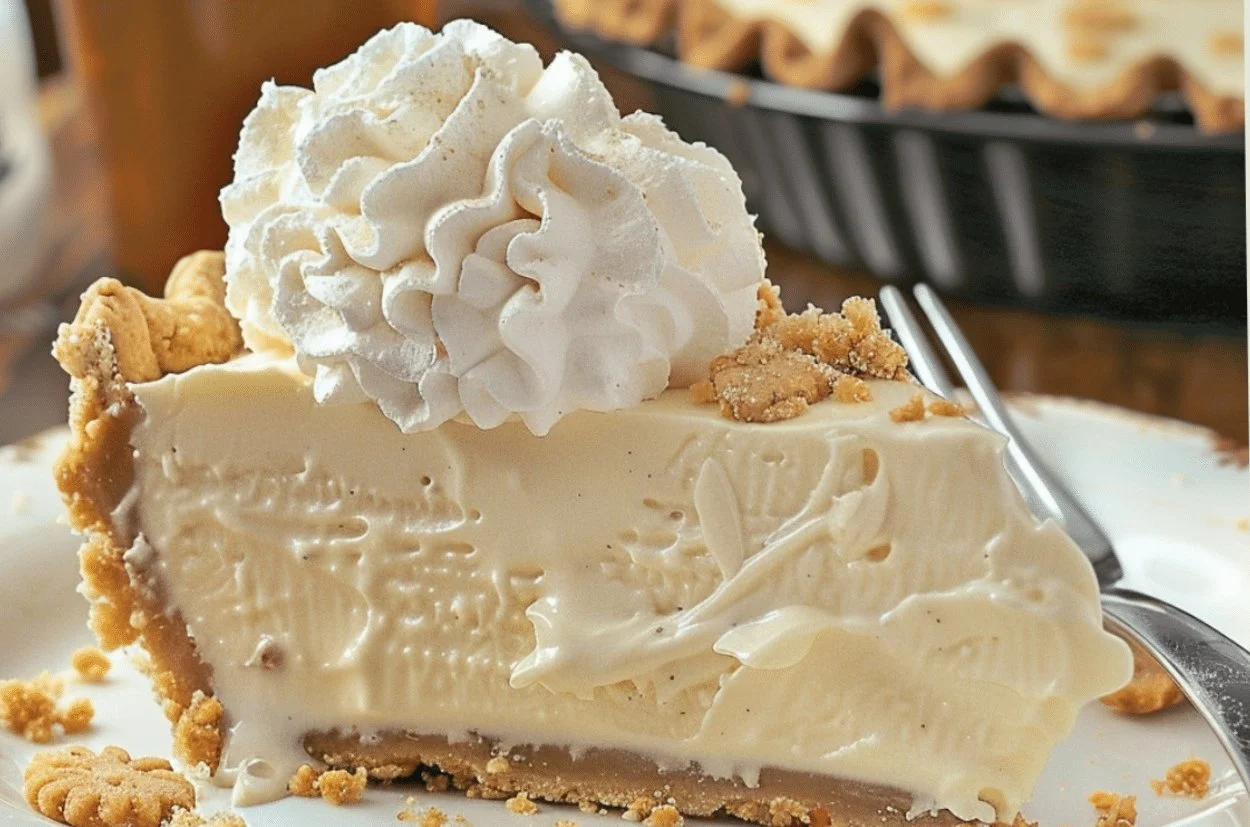 Delicious Root Beer Float Pie topped with whipped cream and root beer syrup.