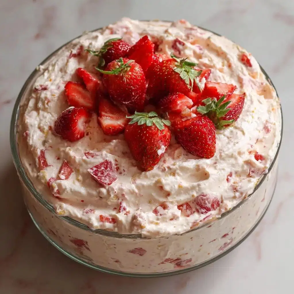 A bowl of light and fluffy Strawberry Fluff Salad with fresh strawberries and whipped cream