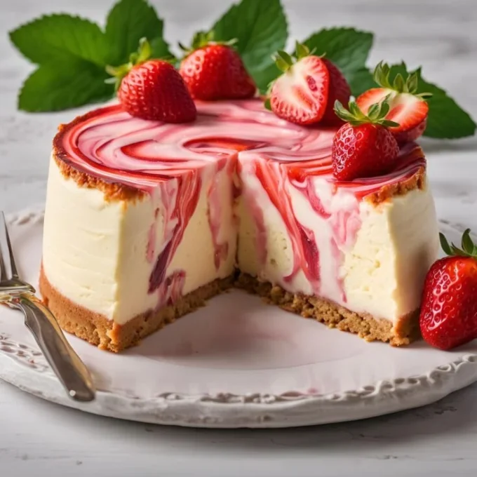 Delicious strawberry swirl cheesecake with a creamy texture and berry swirl design.