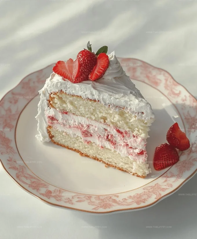 Strawberry Swirled White Chocolate Cake with fresh strawberries and creamy frosting