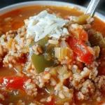 Bowl of hearty stuffed bell pepper soup topped with fresh herbs