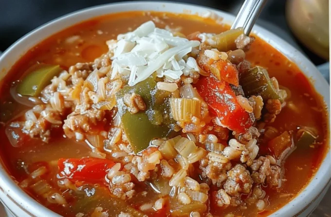 Bowl of hearty stuffed bell pepper soup topped with fresh herbs
