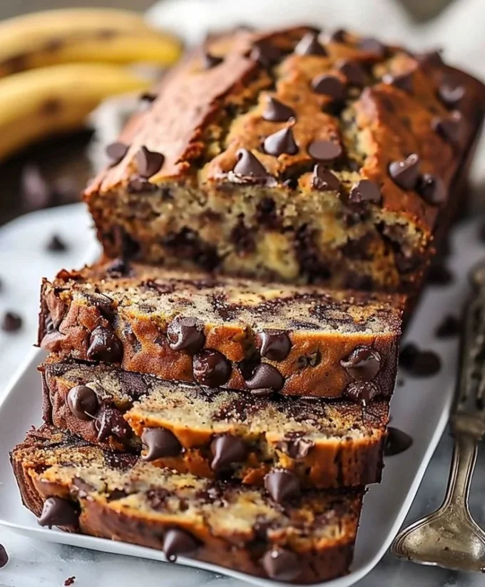 Super moist chocolate chip banana bread with melted chocolate chunks