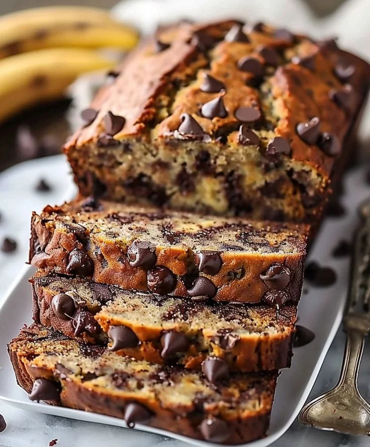 Super moist chocolate chip banana bread with melted chocolate chunks