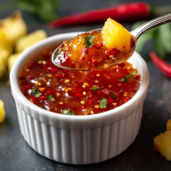 Bowl of sweet chili pineapple sauce on a wooden table
