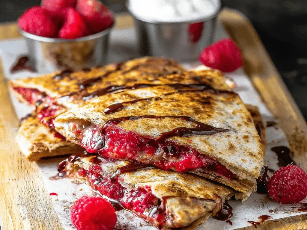 Sweet raspberry chocolate chip quesadilla on a plate