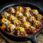 Cheesy beef meatballs in enchilada sauce served on a plate