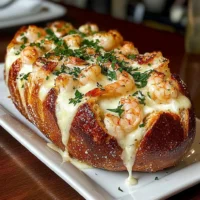 Crab and shrimp stuffed garlic bread bombs with melted cheese and herbs