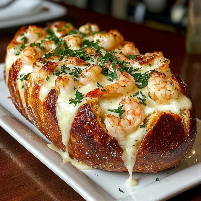 Crab and shrimp stuffed garlic bread bombs with melted cheese and herbs