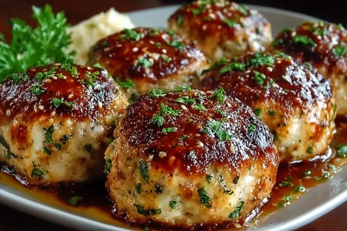Delicious Garlic-Parmesan Meatloaf sliced and served with herbs