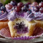 Grape-infused cupcakes topped with creamy frosting and fresh grapes
