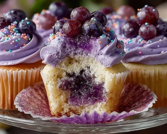 Grape-infused cupcakes topped with creamy frosting and fresh grapes