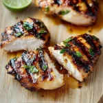 Plate of grilled chicken garnished with chili and lime slices