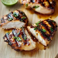 Plate of grilled chicken garnished with chili and lime slices
