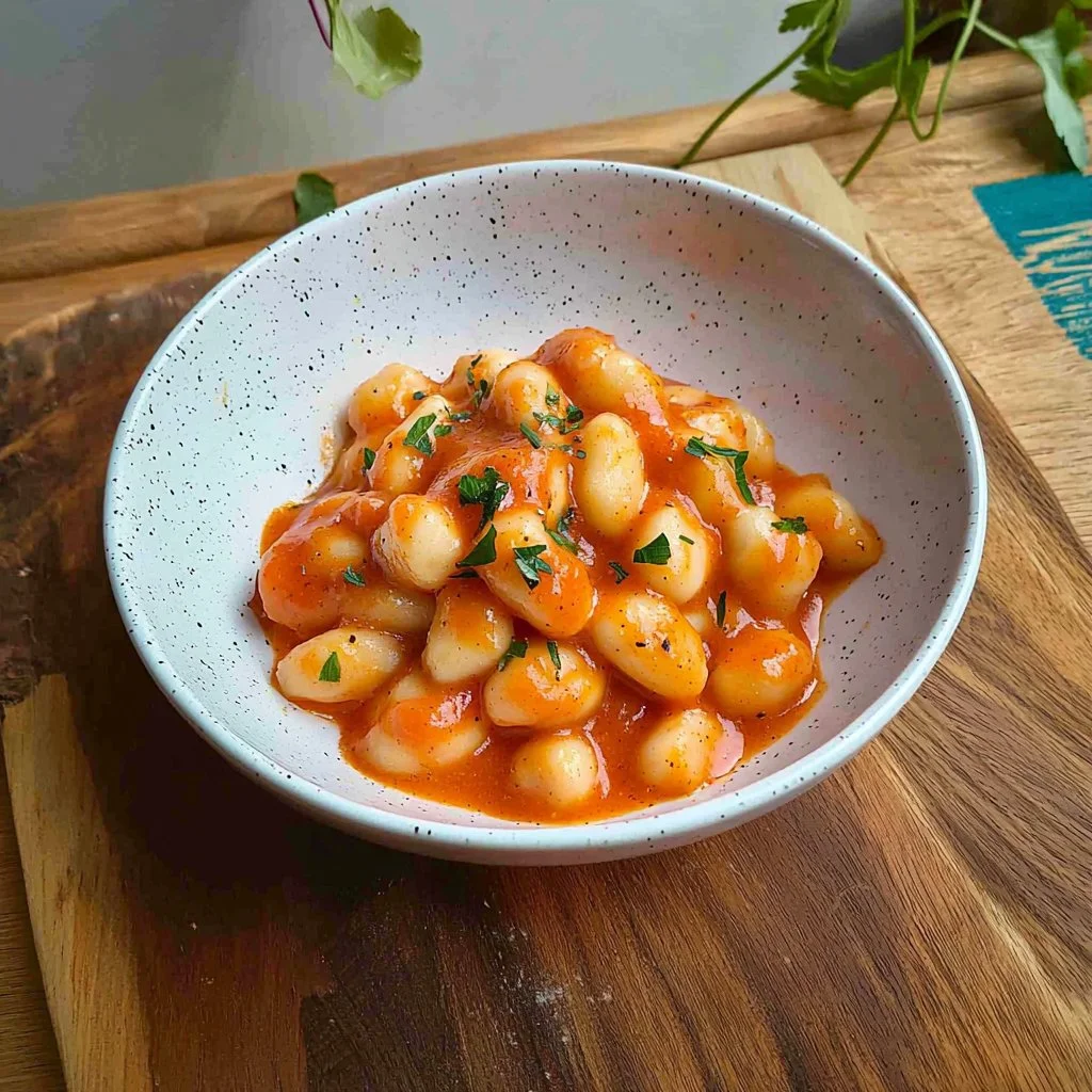High-protein tomato gnocchi served in a bowl with fresh herbs.