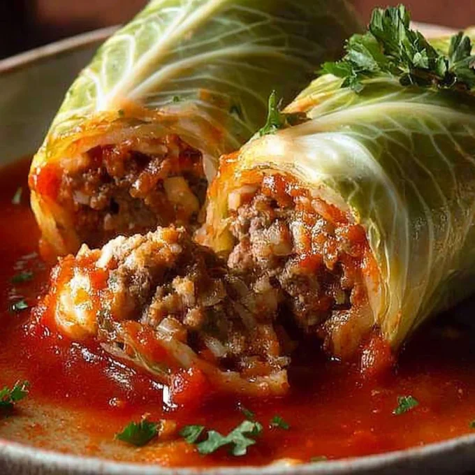 Plate of savory meat-stuffed cabbage rolls ready to enjoy.