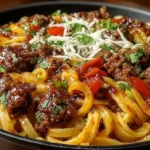 One-pan honey-chili beef pasta dish served with fresh herbs and spices