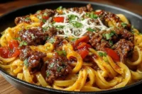 One-pan honey-chili beef pasta dish served with fresh herbs and spices