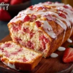 Loaf of freshly baked Strawberry Swirl Bread with vibrant red strawberry swirls