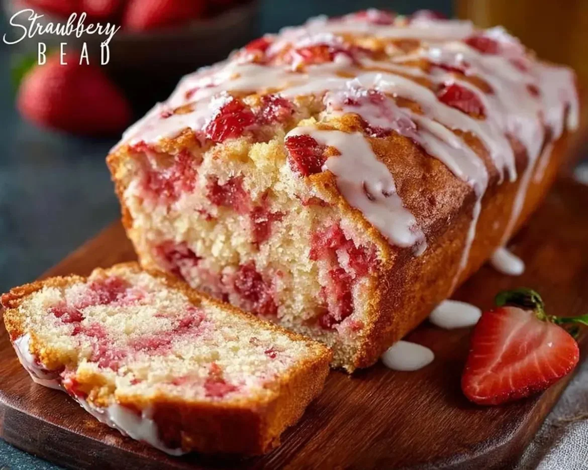 Loaf of freshly baked Strawberry Swirl Bread with vibrant red strawberry swirls