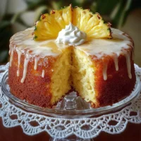 Delicious Tropical Pineapple Juice Cake topped with fresh pineapple slices