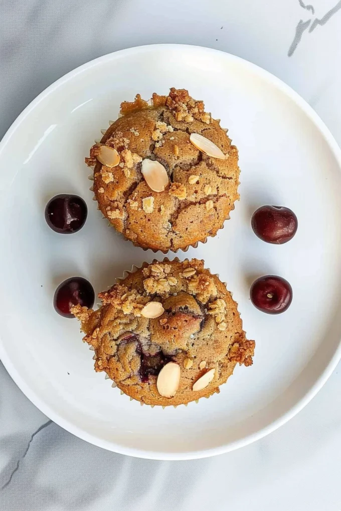 Almond Cherry Muffins with chia seeds on a wooden table