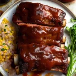 Deliciously grilled barbecue beef ribs served on a wooden platter.