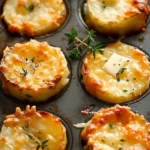 Muffin tin cheesy potato gratin stacks baked to perfection with cheese and crispy edges.