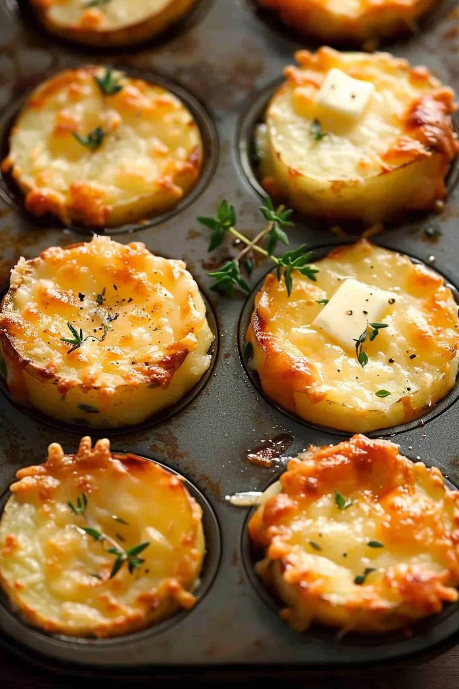 Muffin tin cheesy potato gratin stacks baked to perfection with cheese and crispy edges.