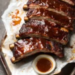 Oven-baked pork ribs glazed with barbecue sauce on a plate