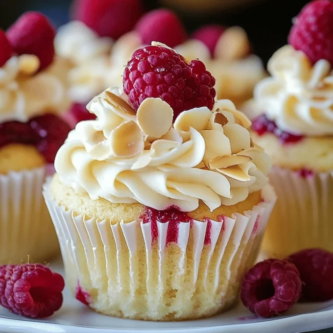 Almond wedding cupcakes with raspberry filling elegantly displayed at a wedding.