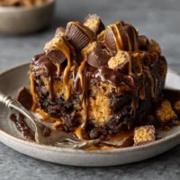 Creamy peanut butter cupcake dump cake topped with frosting and peanut butter drizzle