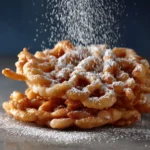 Homemade funnel cake drizzled with powdered sugar and chocolate sauce