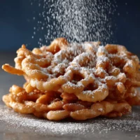 Homemade funnel cake drizzled with powdered sugar and chocolate sauce