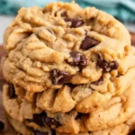 Chewy peanut butter chocolate chip cookies on a baking tray