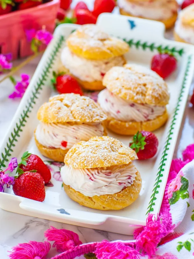 Delicious strawberry cream puff filled with creamy strawberry filling